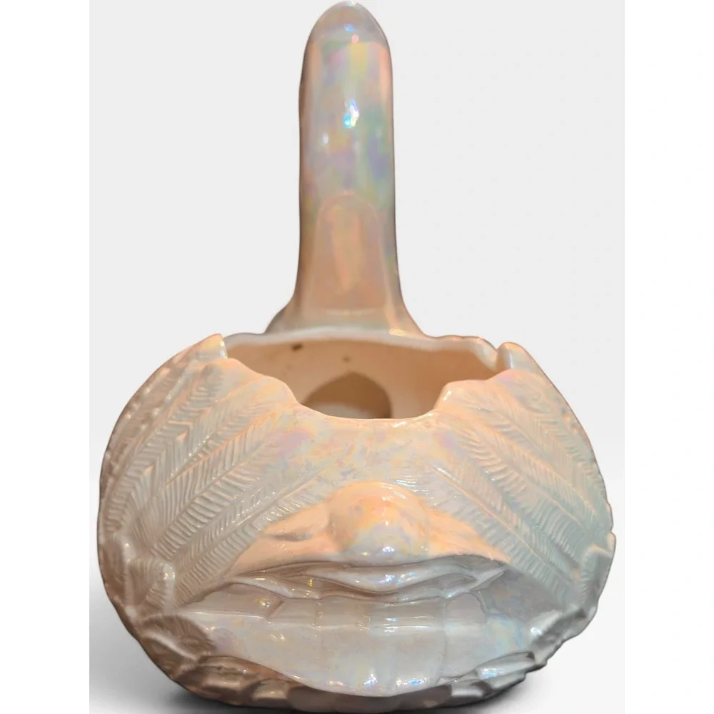 Vintage Iridescent Pearlized Ceramic Swan Planter Figurine Vase 7.5 Inch 80s
